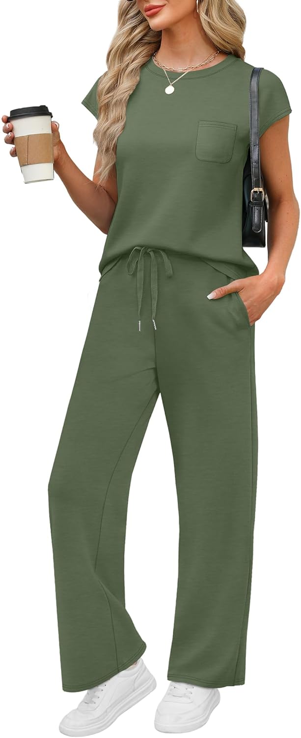 WIHOLL 2 Piece Sets for Women Casual Summer Travel Vacation Outfits Cap Sleeve Lounge Set - Image 16
