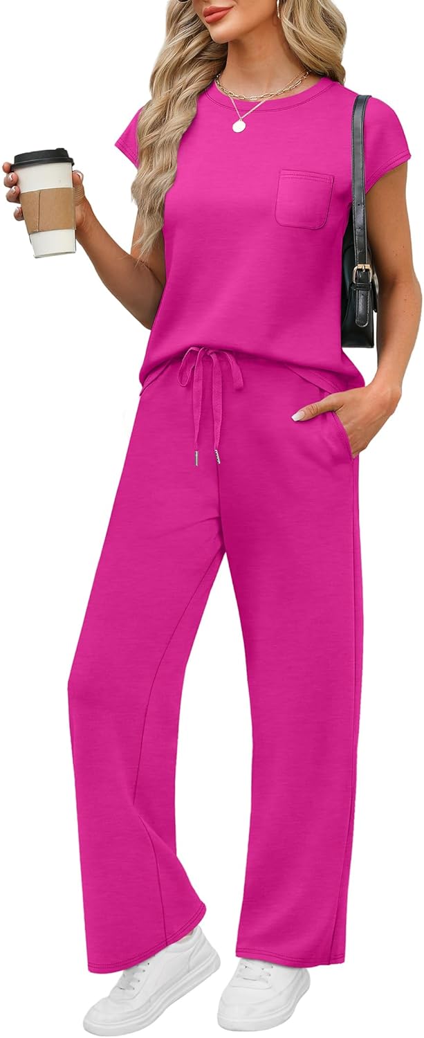WIHOLL 2 Piece Sets for Women Casual Summer Travel Vacation Outfits Cap Sleeve Lounge Set - Image 4