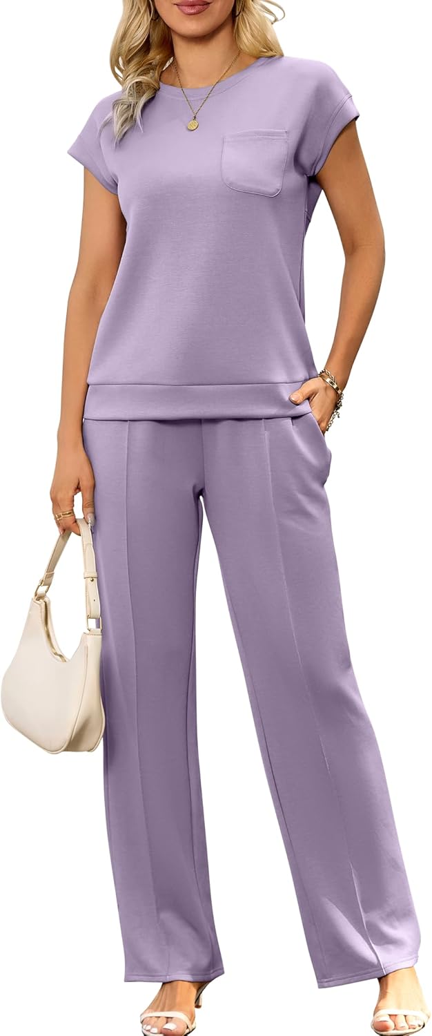 difficort Lounge Sets for Women 2 Piece Outfits Summer Casual Tracksuit Wide Leg Long Pants Vacation Travel Matching Set - Image 18