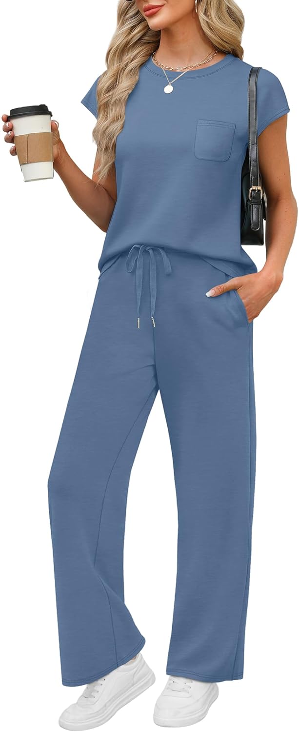 WIHOLL 2 Piece Sets for Women Casual Summer Travel Vacation Outfits Cap Sleeve Lounge Set - Image 2