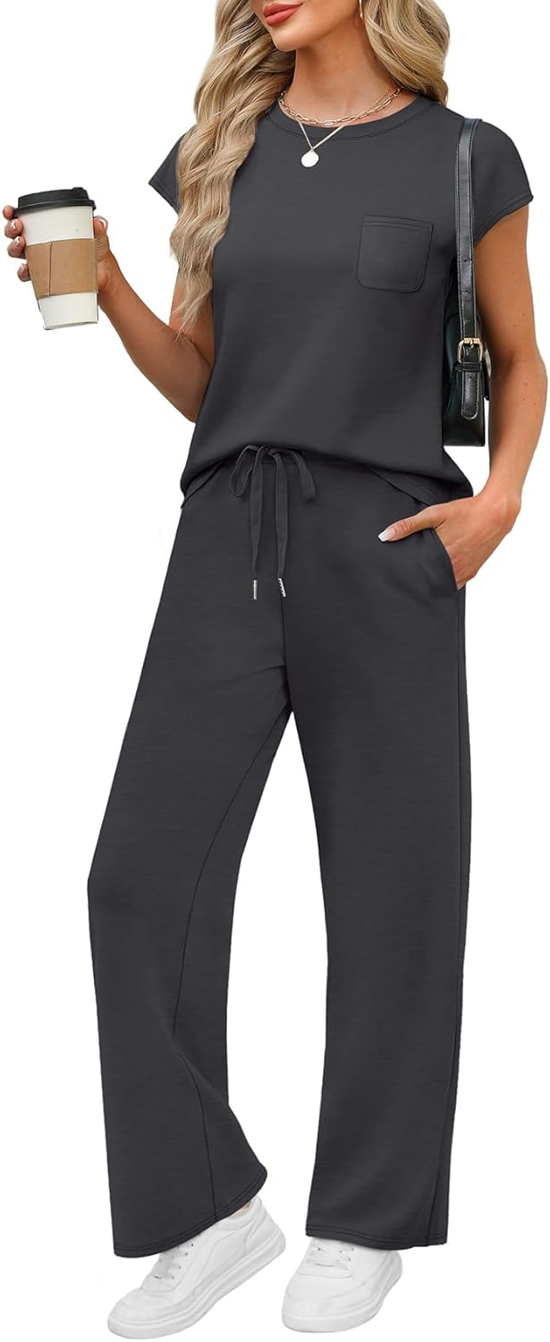 WIHOLL 2 Piece Sets for Women Casual Summer Travel Vacation Outfits Cap Sleeve Lounge Set - Image 3