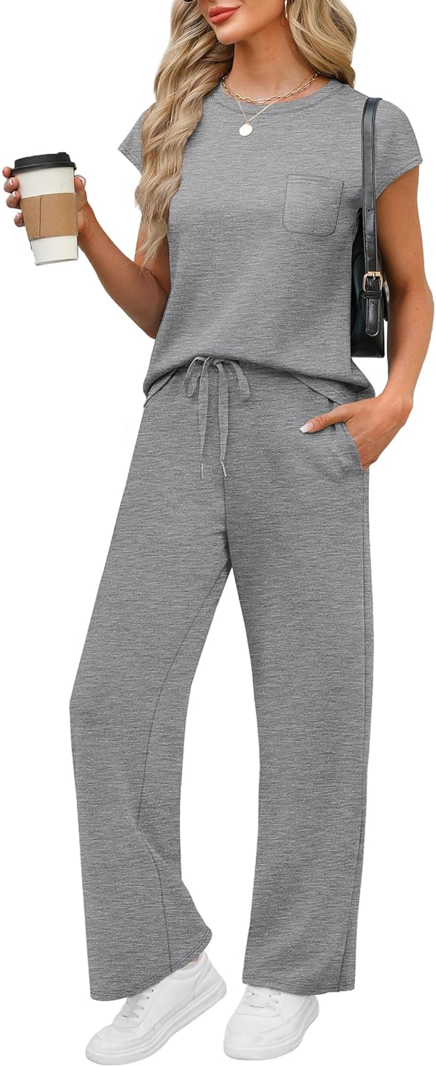 WIHOLL 2 Piece Sets for Women Casual Summer Travel Vacation Outfits Cap Sleeve Lounge Set - Image 17